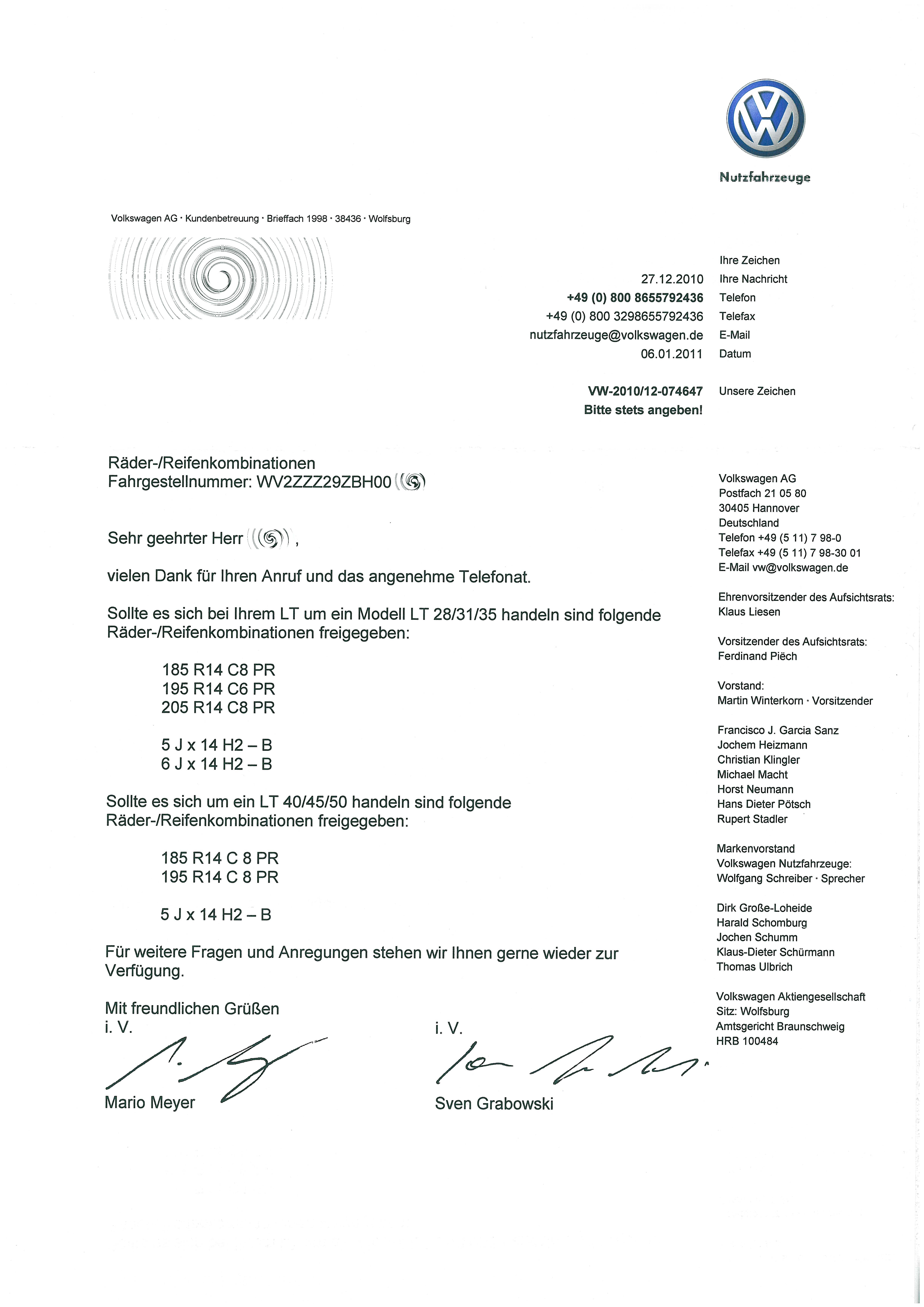 Reifenfreigabe von VW für BJ 1981